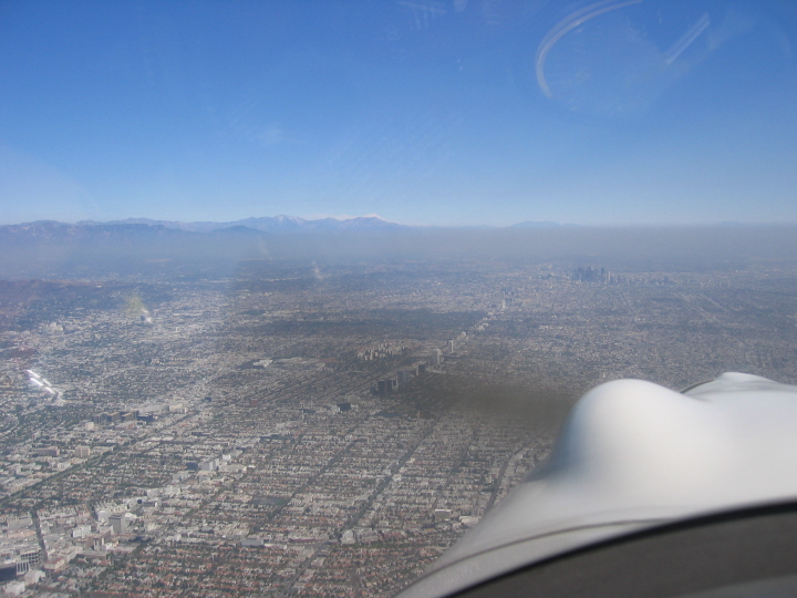 Flying towards downtown Los Angeles